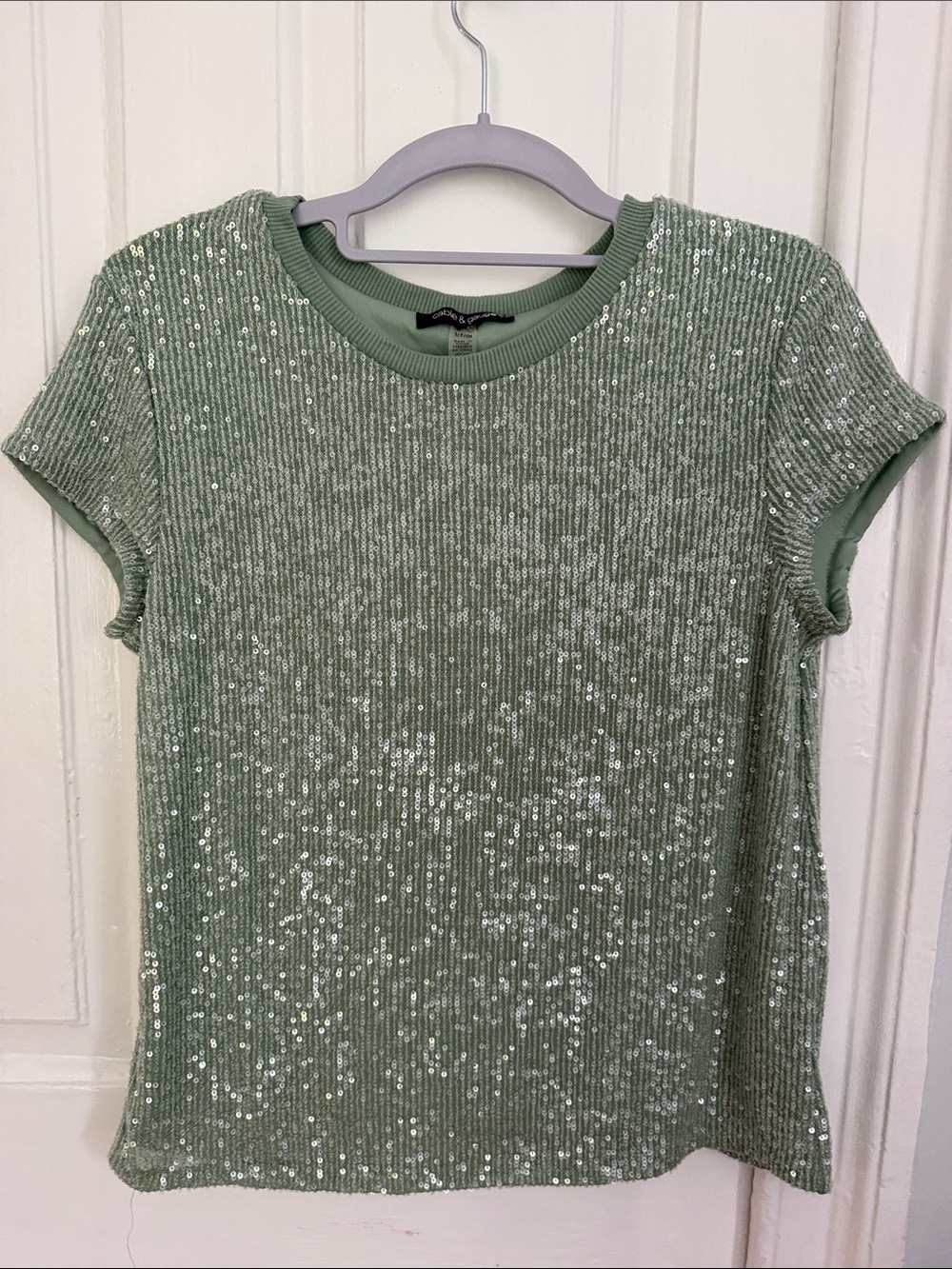 Cable & Gauge Sage Green Sequin Ribbed Short Sleeve Top